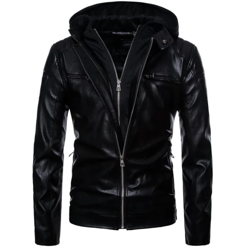 

New Motorcycle Windproof Motorcycle Jacket Man Black Moto Jacket With Hat Hoodie Punk Faux Leather Jacket Motorcycle