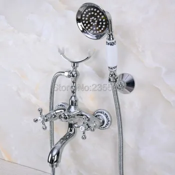 

Wall Mount Chrome Clawfoot Bath Tub Filler Faucet Set Handheld Shower lna235