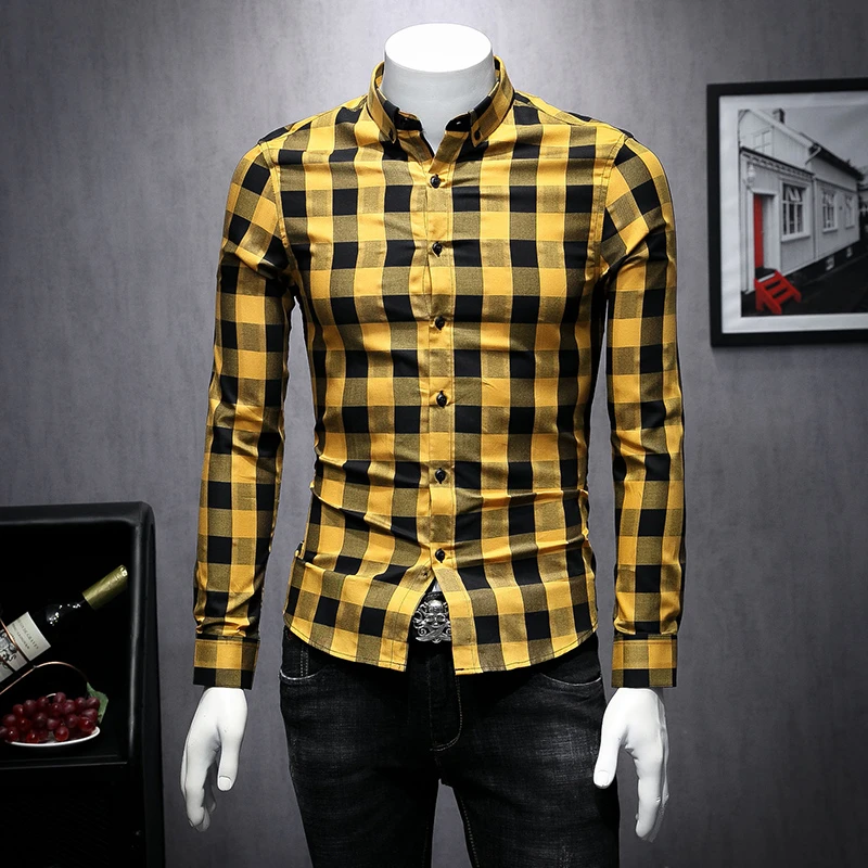 En Ligne Style britannique 2019 automne nouveau Plaid impression chemise homme à manches longues Camisa Masculina haute qualité chemises hommes vêtements Camisa Homem