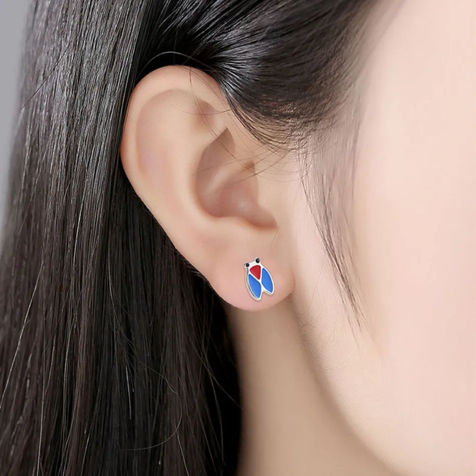 ELESHE New Fashion 925 Sterling Silver Blue Enamel Insect Cicada Stud Earrings For Women Kids Child Jewelry brincos bijoux