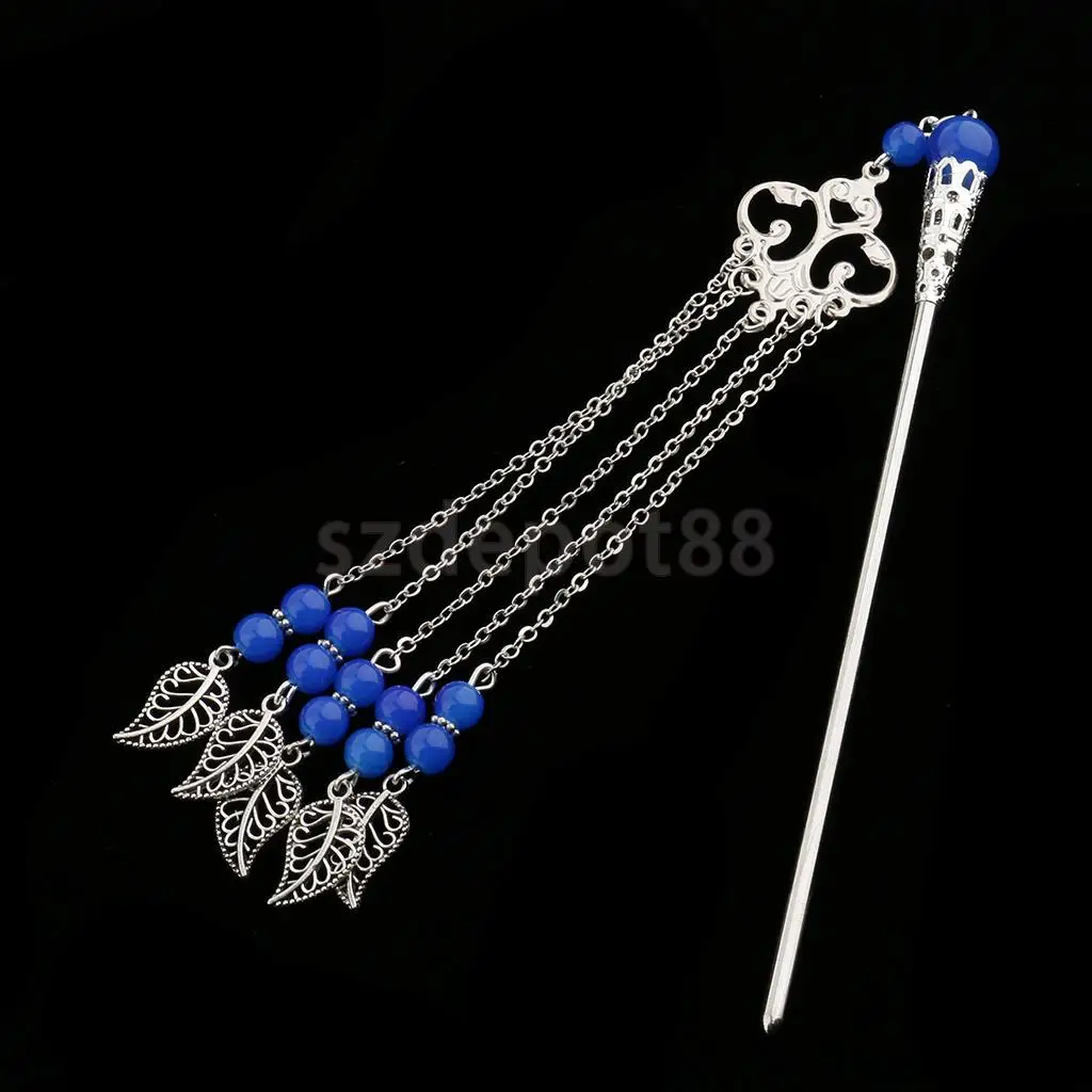 Solid Metal Tasel with Beads Stick Pin Hanfu Dress Ancient Chinese Cosplay Drama Girls Cute Hair Pin
