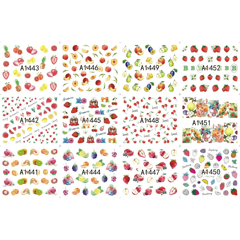 

UPRETTEGO 12 PACKS / LOT NAIL ART BEAUTY WATER DECAL SLIDER NAIL CUTE CARTOON FRUIT APPLE STRAWBERRY CHERRY LEMON A1441-1452