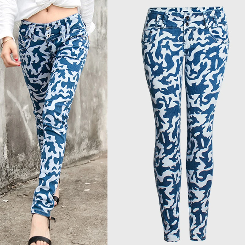 Bootleg Camo Jeans Woman Low Waist Skinny Jeans Blue Camouflage Pants Biker Woman Pencil Denim