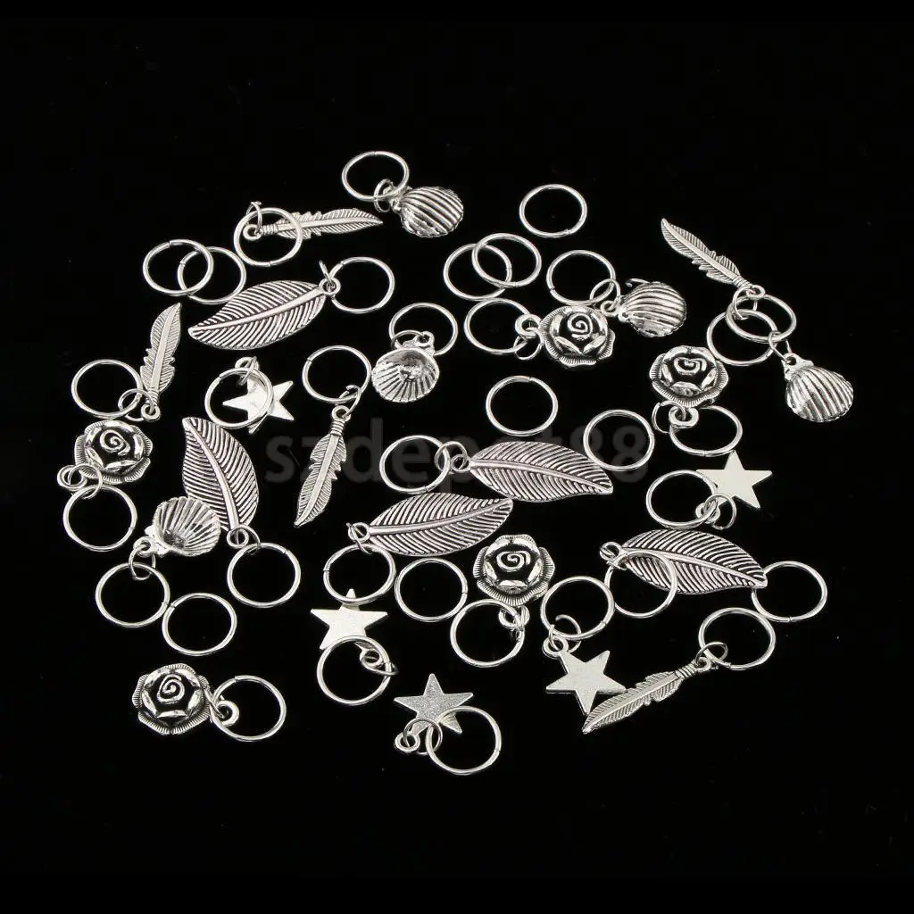 35pcs Hip Hop Silver Hair Braid Rings Hair Loops Clips 6Styles Bulk DIY Hair Accessories - Star Leaf Shell Loop Feather Flower