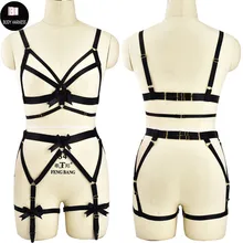 Черный готический восточном стиле Комплект Фетиш каркас бюстгальтера гот Подвязка свадебная Rave Pole Dance Жгут Бюстгальтер чулок ноги Связывание клетка