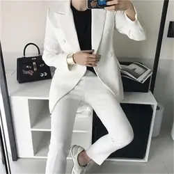 Fashion pink white suit suit female spring New leisure Double-breasted small suit+pants professional wild two-piece suit women Fashion pink white suit suit female spring New leisure Double-breasted small suit+pants professional wild two-piece suit women
