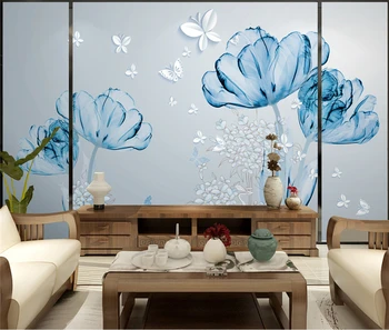 

Customize any size 3D digital brush blue flower background wall simple European stereo silk mural wallpaper