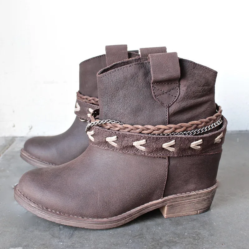 

VOGELLIA Brand Designer Women Ankle Boots Low Heels Shoes Woman Vintage Leather Boots Brogue Slip On Botas Brown Autumn Winter