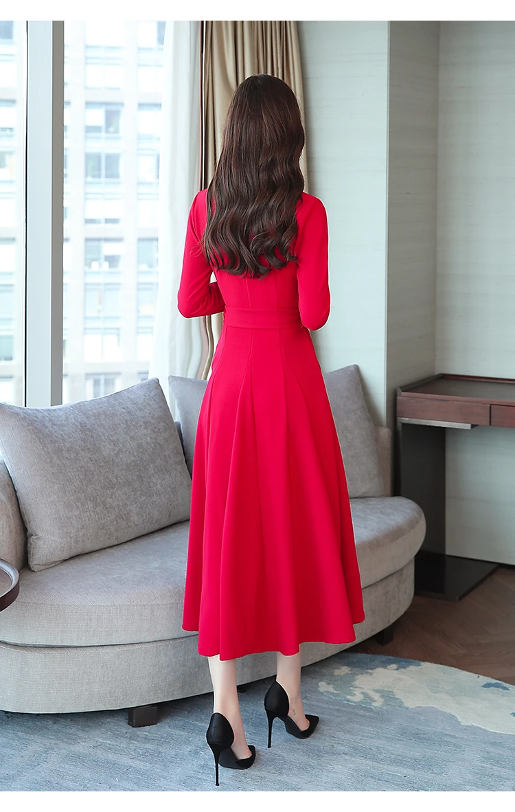 9779 Women Dresses Evening Party Autumn Winter Women Dress Long Sleeve Plus Size V-neck Red Black Office Maxi Dress Elegant 2018 3