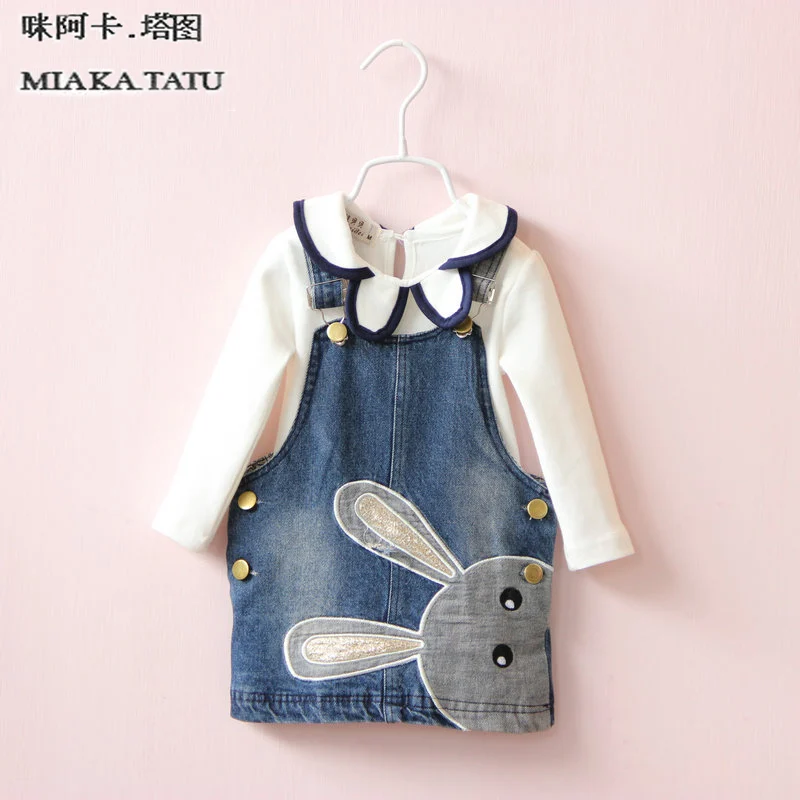 

new fashion baby jean dress child clothing sets children clothes suits kids girls princess bunny denim dresses + girl blouse
