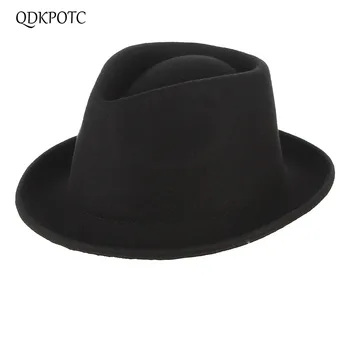 

QDKPOTC Autumn Winter New Wool Crimping Fedoras Men Black Jazz Hat Solid Color Wool Trilby Keep Warm Fashion Hats Jewish Hat