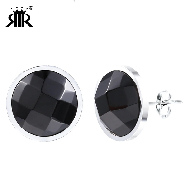 RIR Модные женские блестящие серьги-гвоздики с черным камнем, круглые минималистичные ювелирные изделия с гипоаллергенным хирургическим покрытием из нержавеющей стали