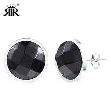 RIR Модные женские блестящие серьги-гвоздики с черным камнем, круглые минималистичные ювелирные изделия с гипоаллергенным хирургическим покрытием из нержавеющей стали