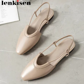 

Lenkisen concise design natural leather slip on women sandals vintage square toe dating party slingback large size shoes L07