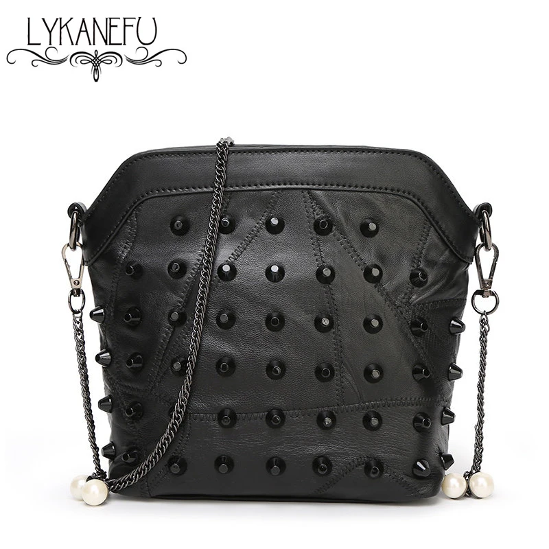 

100% Real Soft Sheep Skin Leather Bag Women Crossbody Bags with Chain Rivet Bag Ladies Leather Black Dollar Price