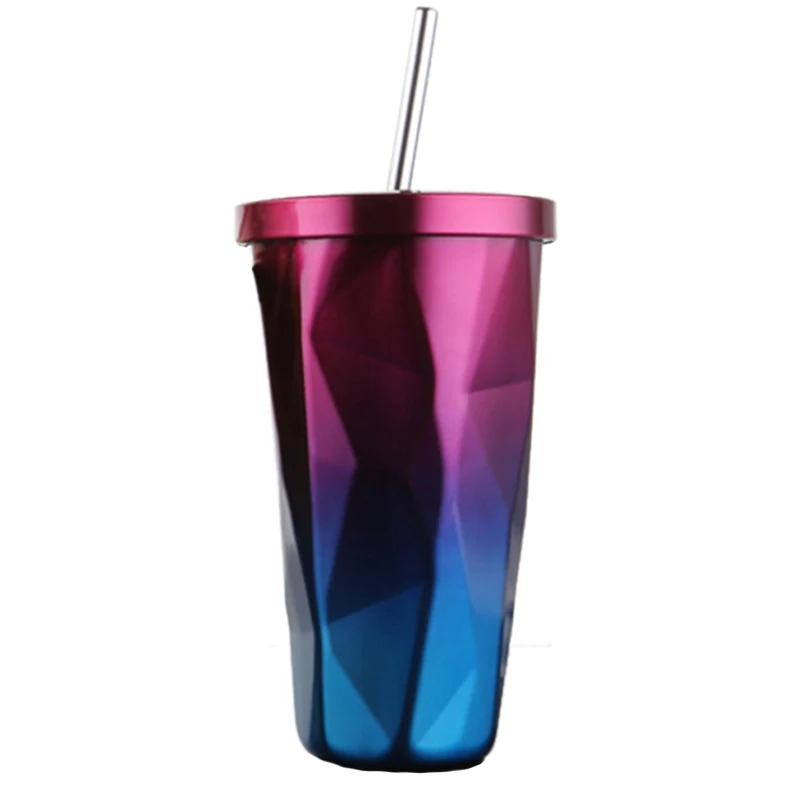 TEENRA кружка из нержавеющей стали чашка с трубочкой кофейная чашка, алмазная 500 мл вакуумная изолирующая Крышка для питья - Цвет: Rose red blue
