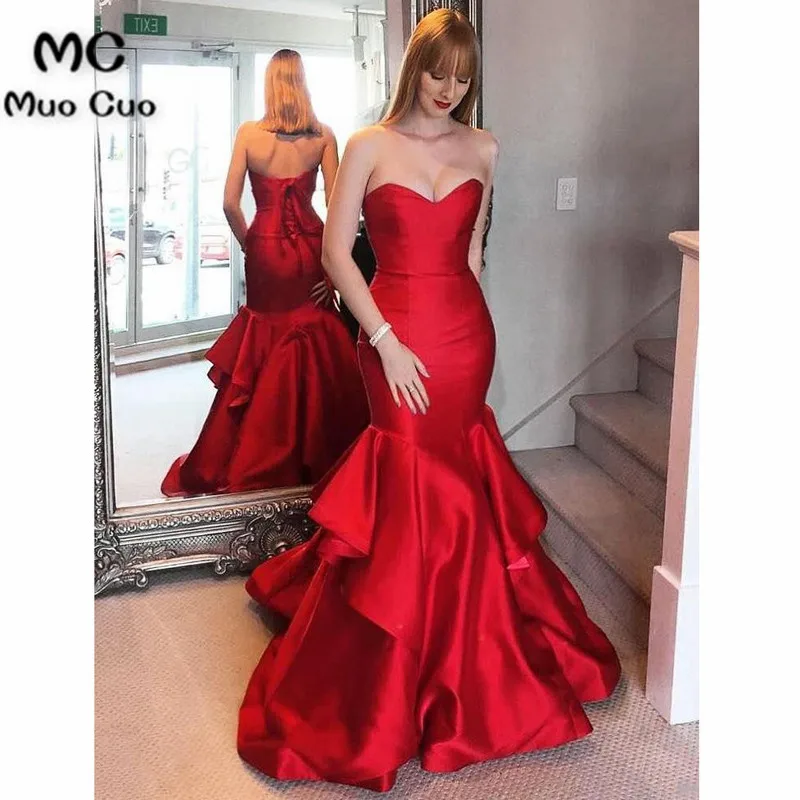 

2018 Red Mermaid Evening Dresses Long Sweetheart Ruffles Satin Prom dress for teens Formal Evening Dress for Women