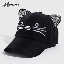 Женская шапка для девочек с кошачьими ушками, милые кепки-бейсболки, бейсболки унисекс, регулируемые модные черные, розовые, белые шапки со стразами