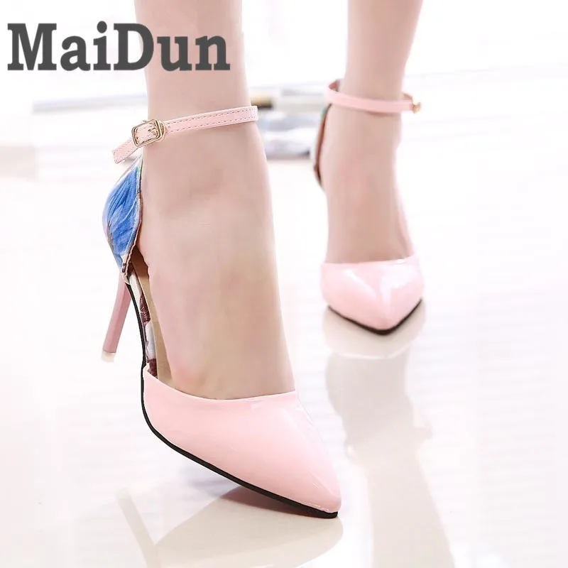 

2017 Women Spring High Heels Floral Printed Ankle Strap PU Leather Thin Heels Shoes Woman Summer Style Pointed Toe Pumps WXG007