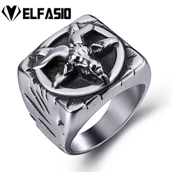 

Elfasio Mens Baphomet Goat Pentagram Devil Shar Retro Stainless Steel Ring Punk Jewelry