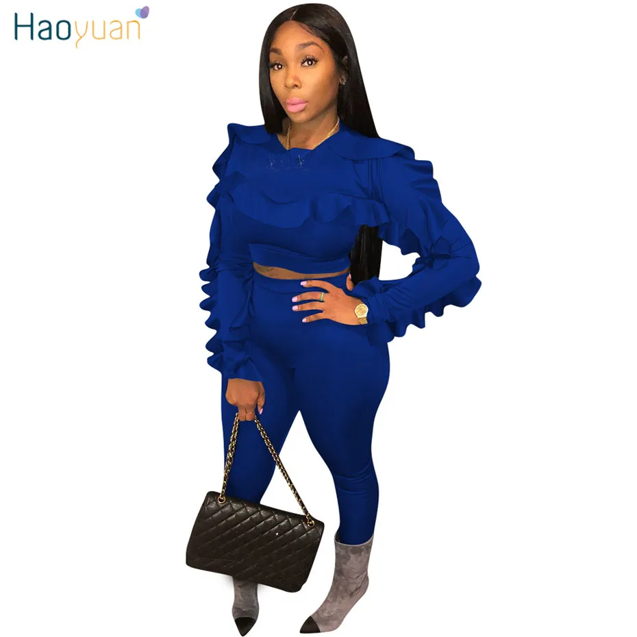 HAOYUAN размера плюс, комплект из двух предметов, женский спортивный костюм, сексуальные топы с рюшами и длинным рукавом+ облегающие штаны, костюм, повседневная одежда, подходящие комплекты - Цвет: Синий