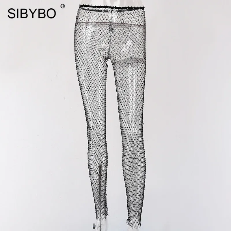 Sibybo, блестящие, алмазные, сексуальные штаны для женщин, высокая талия, открытые, летние, женские брюки, пляжные, повседневные, узкие брюки