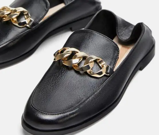 

Baimier Autumn Gold Chain Oxford Shoes For Women Black Leather Women Loafers Slip On Women.