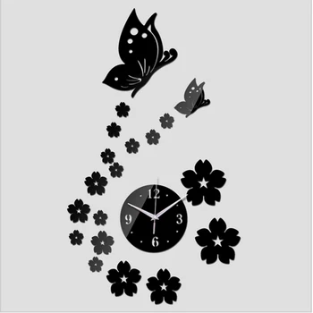 

Free Shipping 2017 3D Mirror Wall Clock DIY Crystal Watch Wall Clocks Home Decoration, Reloj De Pared 2 Butterfly and 17 Flowers