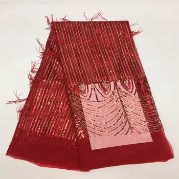 

2018 New African Sequins Lace fabric High Quality French Sequins Net Lace Red Sequin Fabric For Evening Wedding Dress SewingH380