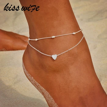 KISSWIFE Heart Female Anklets Barefoot Crochet Sandals Foot Jewelry Leg New Anklets On Foot Ankle Bracelets For Women Leg Chain