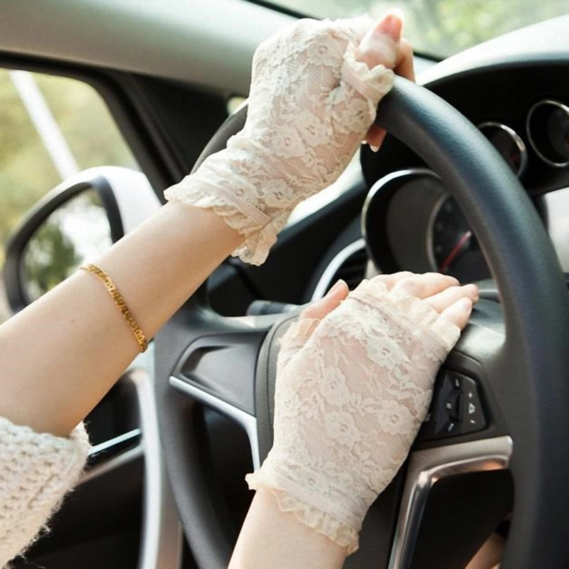 Новые женские новые летние солнцезащитные УФ-Защитные женские короткие перчатки, кружевные перчатки для вождения, официальные перчатки, G002-beige