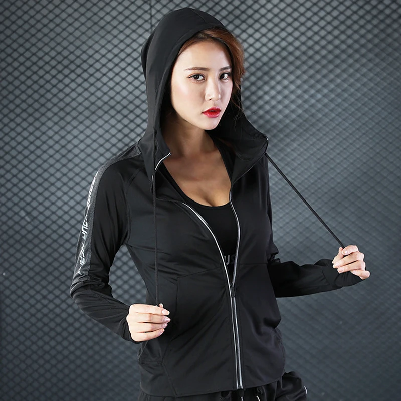 Women Running Zipper Drawstring Hooded Jackets Long Sleeve Yoga Sport