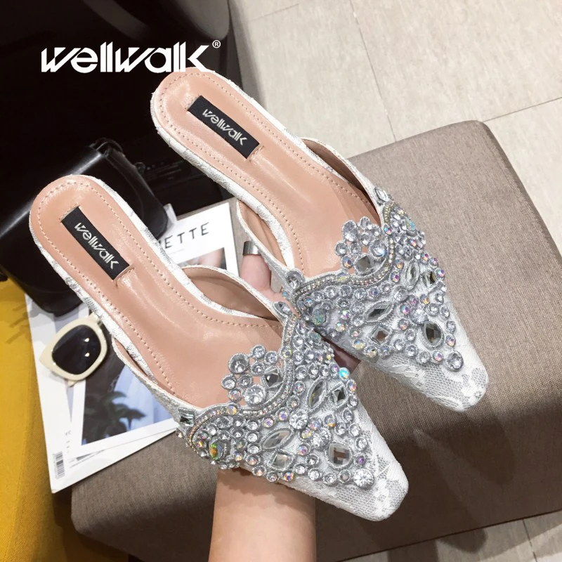 

Wellwalk Crystal Crown Slippers Mules Women Flat Shoes Pointed Toe Ladies Slip On Loafers Female Party Shoes Clogs Flip Flops