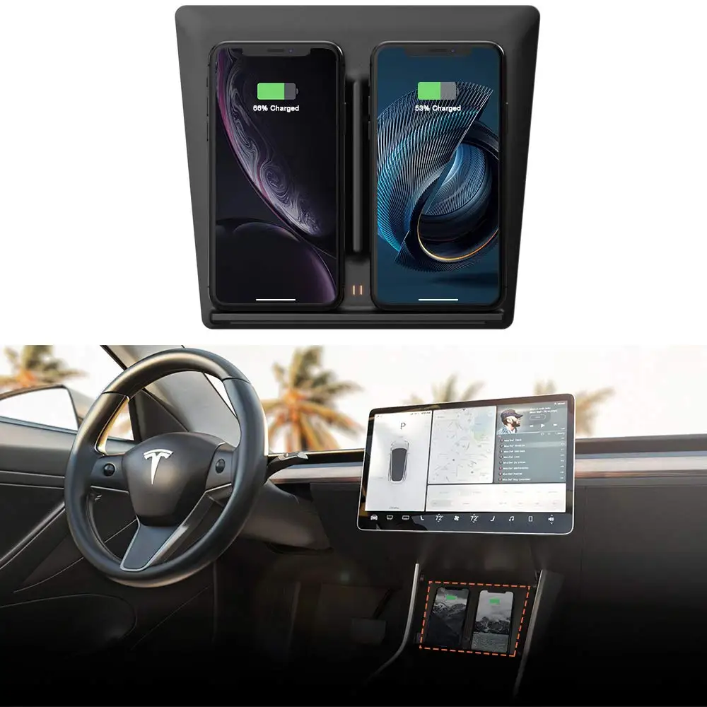 

FOR Tesla Model 3 Center Console Wireless Charger Pad with Dual USB Ports Dual Phones Charging for iPhone X XS XR 8 8PLUS