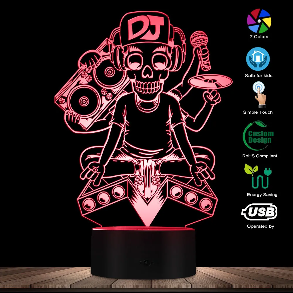 Тату DJ музыкальный скелет микрофон силуэт Ночной светильник череп 3D визуальная