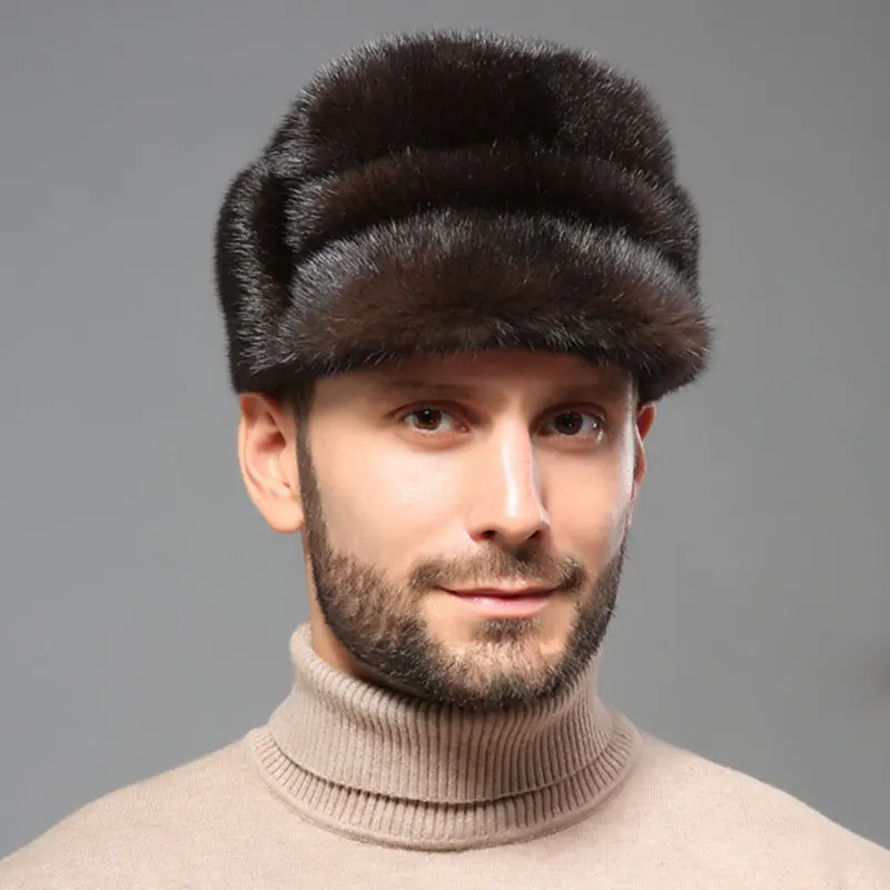 Шапка-бомбер мужская из натурального Меха чернобурки, с отделкой из натурального