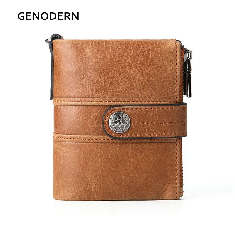 

GENODERN Double Zipper Men Wallet of Hasp Design Genuine Leather Short Wallet for Men with Coin Pocket New Male Purse