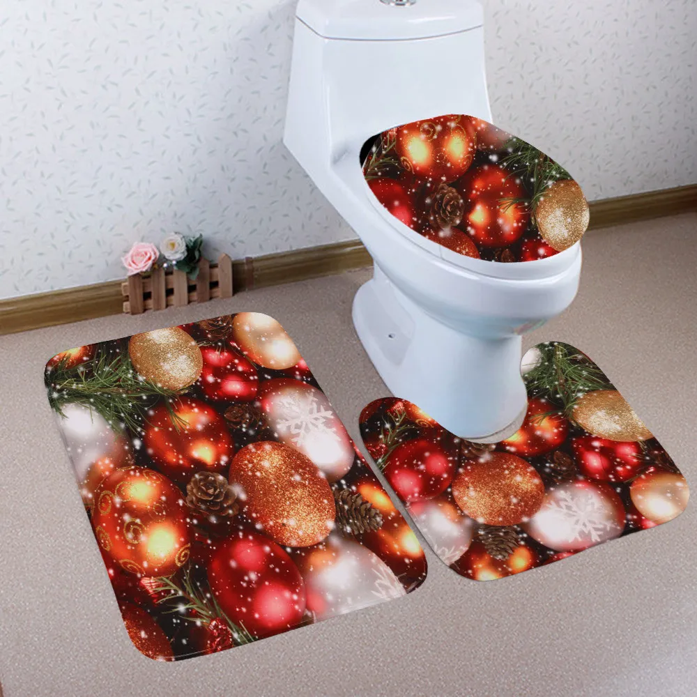 

2019 3PCS Christmas Bathroom Non-Slip Pedestal Rug + Lid Toilet Cover + Bath Mat Set Pattern Bathroom Set Carpet Toilet Rugs 6.7