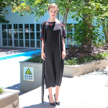 

VOA 2018 Black Casual O-neck Heavy Silk Long Dress Chinese Style Vintage Embroidery Plus Size Loose Women Maxi Dress ALH00601