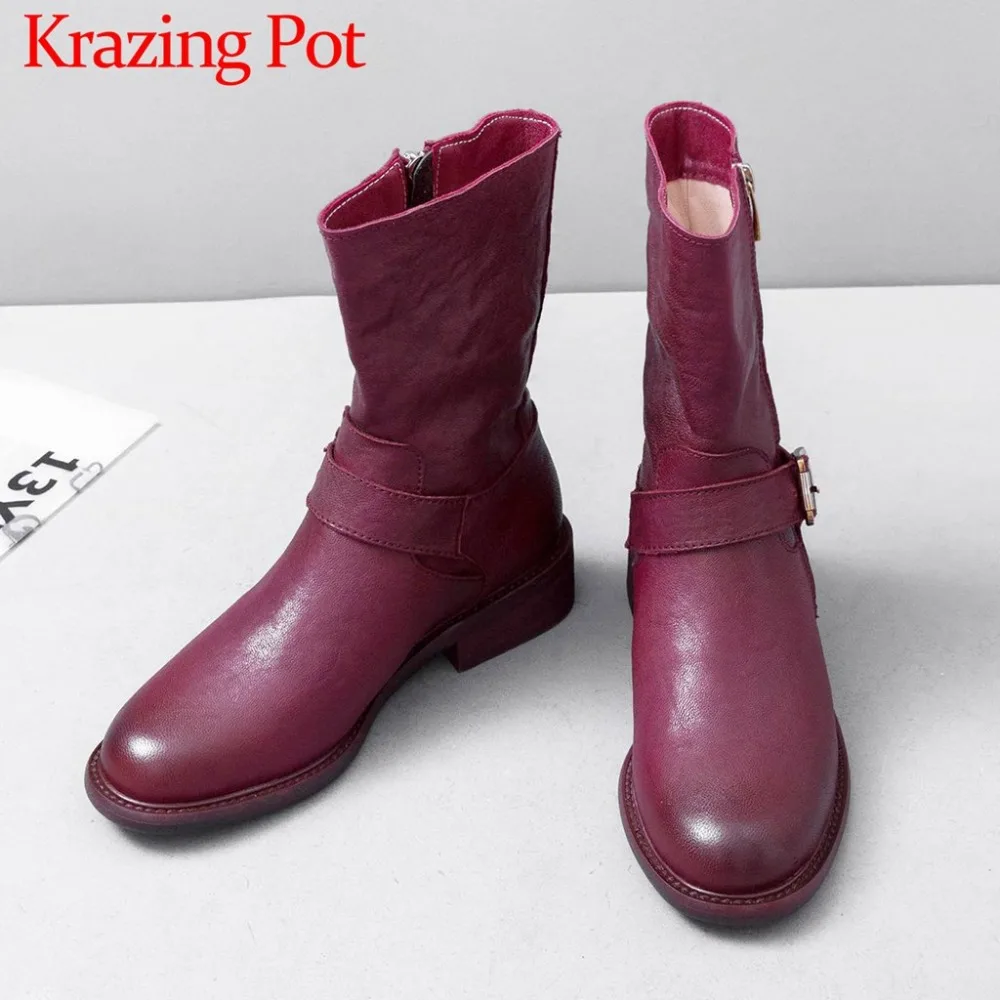 

2018 handmade high quality sheep leather round toe low heels buckle zip retro british school big size western mid-calf boots L37