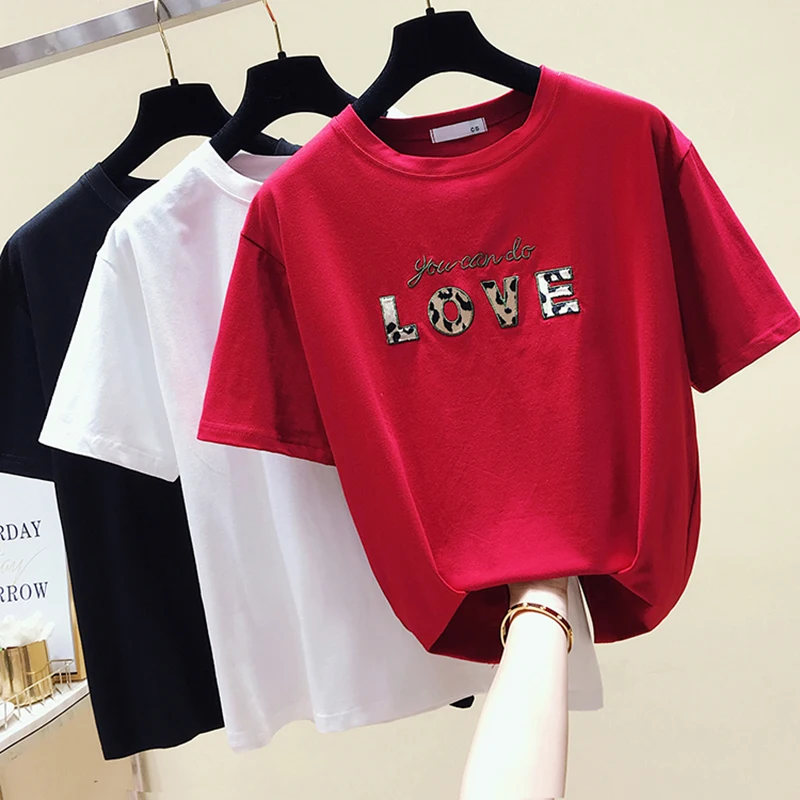 

Camisetas Mujer LOVE Embroidery T Shirts Women 2019 Summer Fashion Tee Shirt Femme Short Sleeves Tshirt Woman Korean Loose Tops