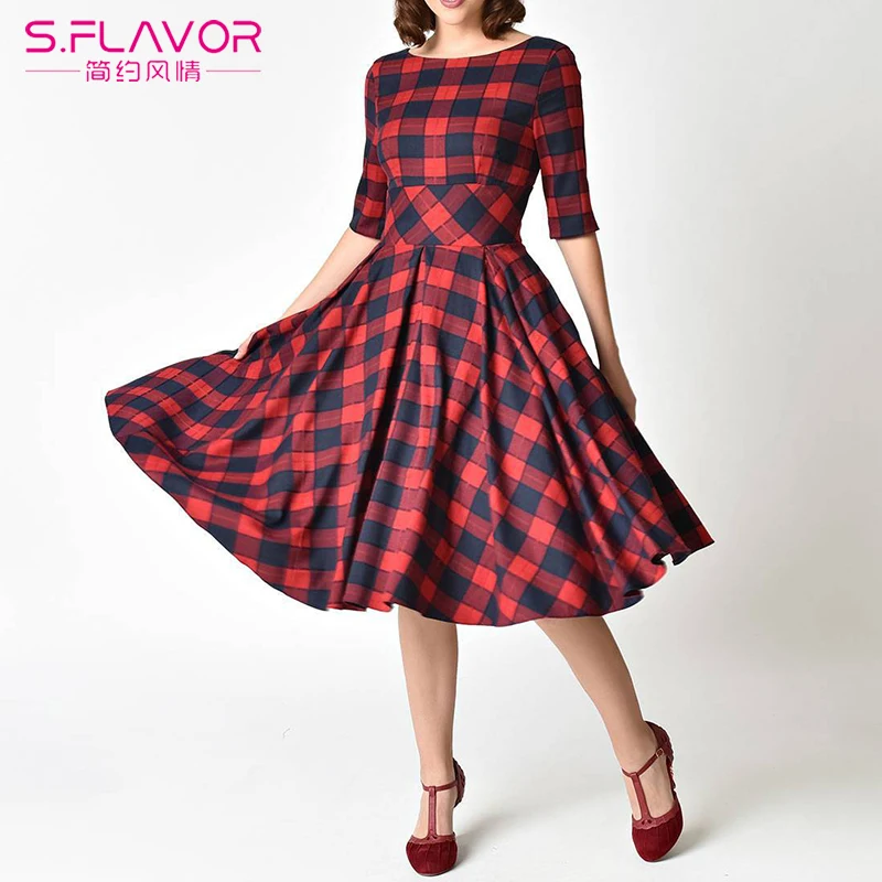 

S.FLAVOR slim red Plaid sexy dress women backless o-neck elegant party dress women three quarter sleeve casual spring dresses