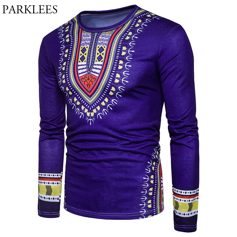 MK988 Men African Print Dashiki Long Sleeve Buttons Vintage T-Shirt 