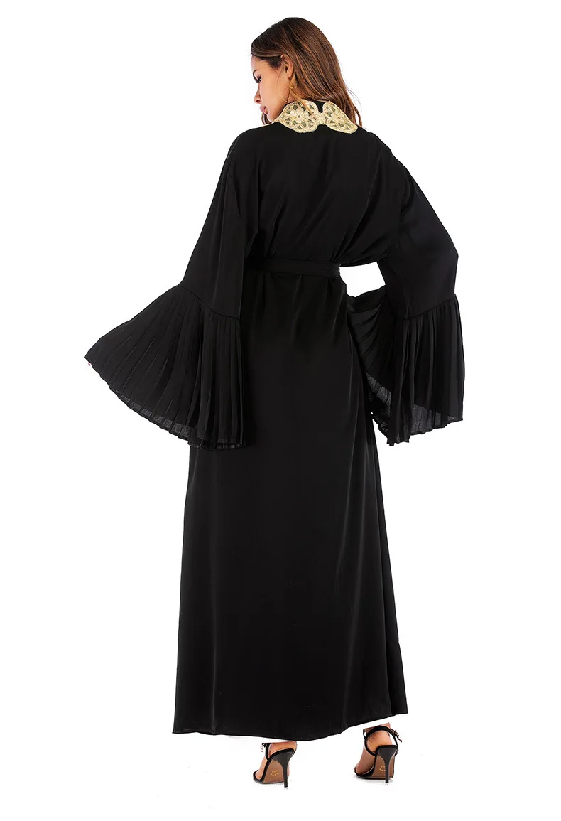 Мусульманское платье женские, с расклешенным рукавом Золотой вышивка цветочный кардиган халаты женское платье Дубая Турецкая