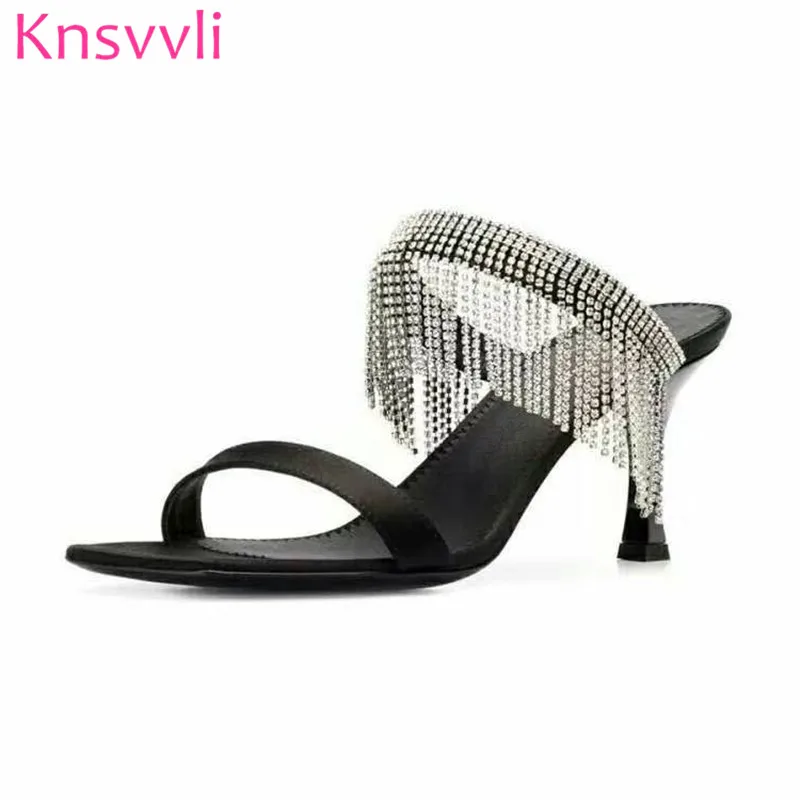 

Knsvvli Sexy Black Apricot Genuine Leather Woman High Heels Shoes Pointed Toe PVC Stiletto Slip On Mules Shoes Women Slippers