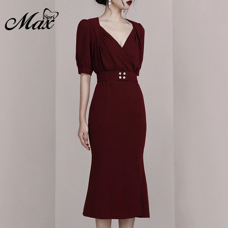 

Max Spri 2019 New Sexy Style Deep V Neck Ruchhed Short Sleeves Button Sashes Women Party Turmpet Dress Office Lady Wearing