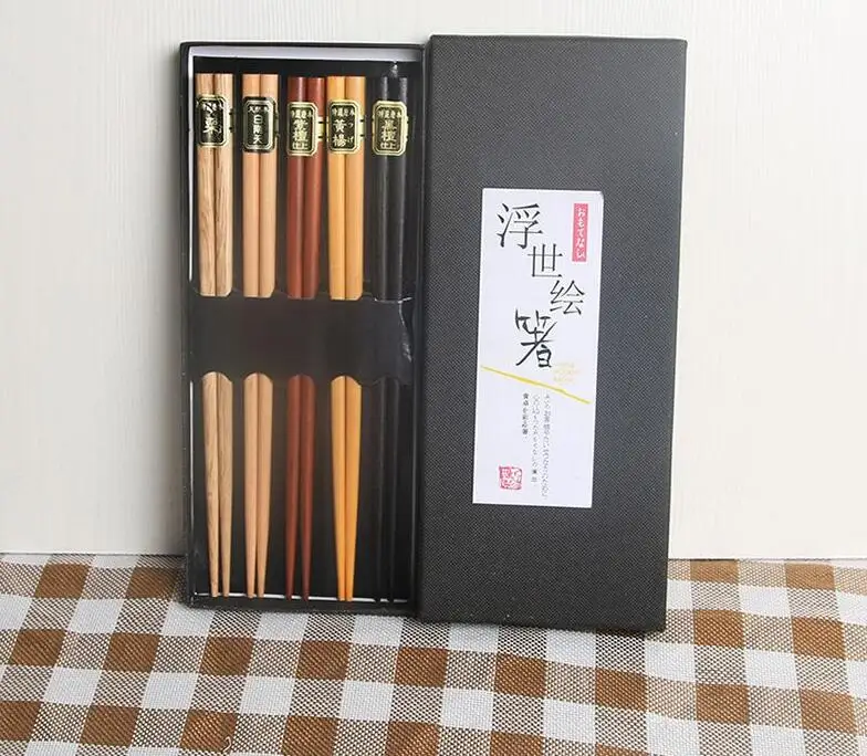 

5 Pairs Japanese Korean Reusable Chopsticks Natural Beech Wooden Chopsticks Chinese Set Handmade Gift Pack