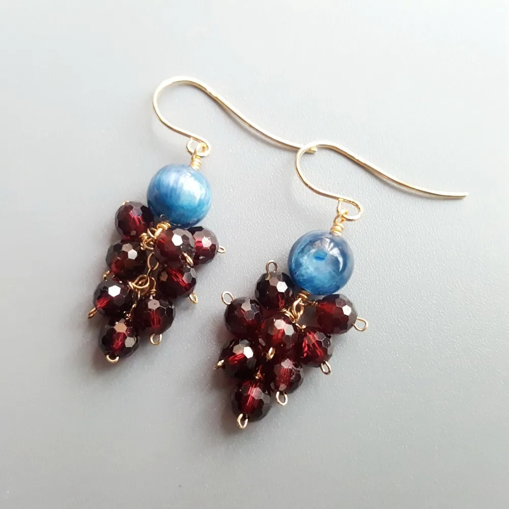 

Lii Ji Genuine Blue Cat't Eye Kyanite Red Garnet Earrings 925 Sterling Silver Handmade Drop Earrings Delicate Jewelry For Women