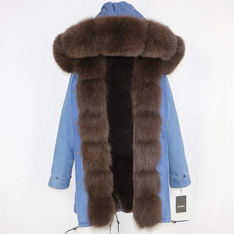 denim dark brown Зимняя женская куртка на каждый день шуба из натурального Лисьего меха длинная парка с капюшоном из натурального Лисьего меха брендовая парка Толстая теплая уличная одежда со съемным капюшоном - Цвет: denim dark brown