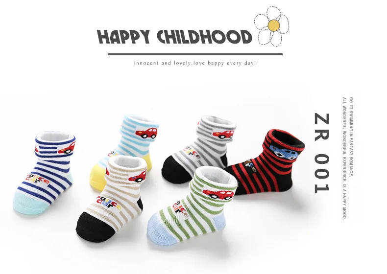 6 пара/лот, хлопковые носки для малышей, для мальчиков и девочек, с мультяшным автомобилем, в полоску, Medias Para Bebe, мягкие, тянущиеся, для малышей, набор носков для От 0 до 1 года